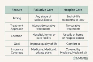 Table comparing the difference between hospice and palliative care, including features like timing, treatment approach, location, goals, and insurance coverage.