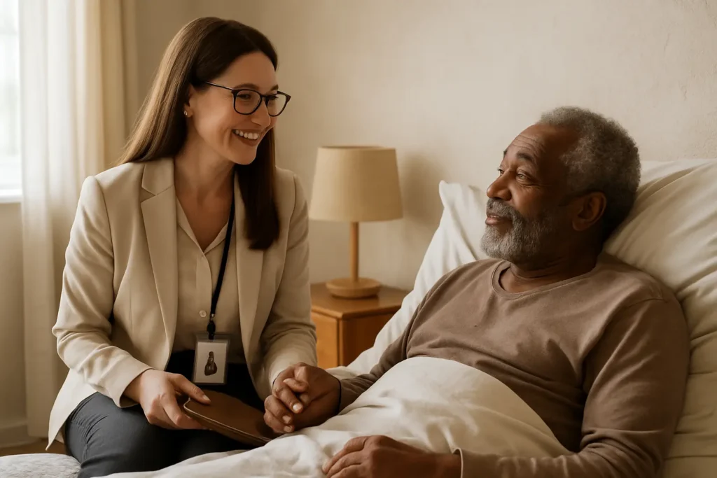 Hospice social worker offering emotional support to a patient during a home visit