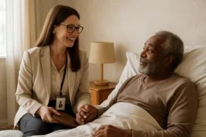 Hospice social worker offering emotional support to a patient during a home visit
