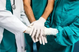 Healthcare workers in protective gear