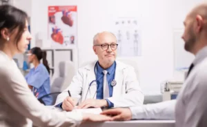 Worried couple holding hands during a medical visit