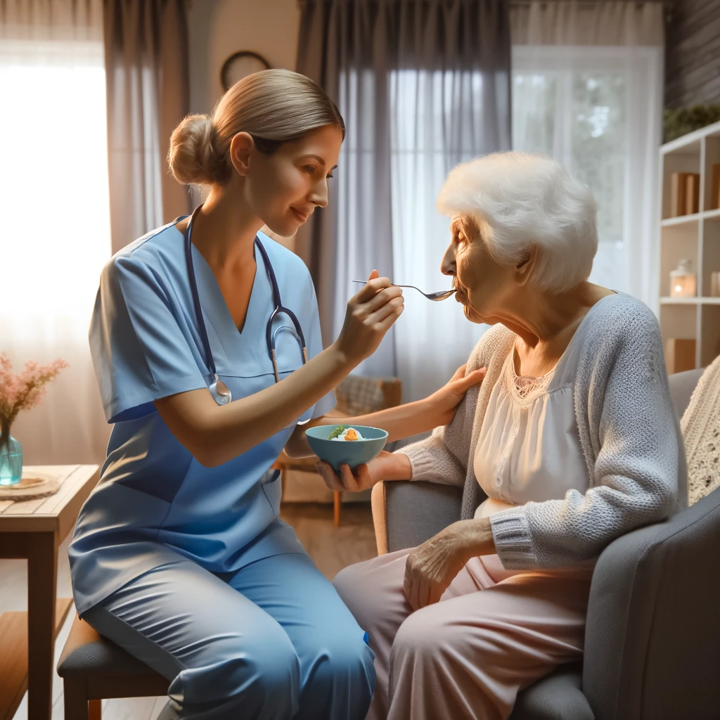 A nurse feeding an elderly woman