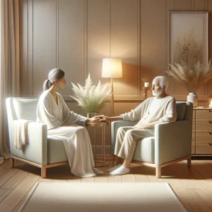 A serene hospice care room with soft lighting and comforting decor, reflecting the peaceful, supportive environment at Sahara Hospice Care