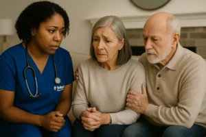 A Sahara Hospice Care nurse offers emotional support to an elderly couple while preparing for the loss of a loved one.