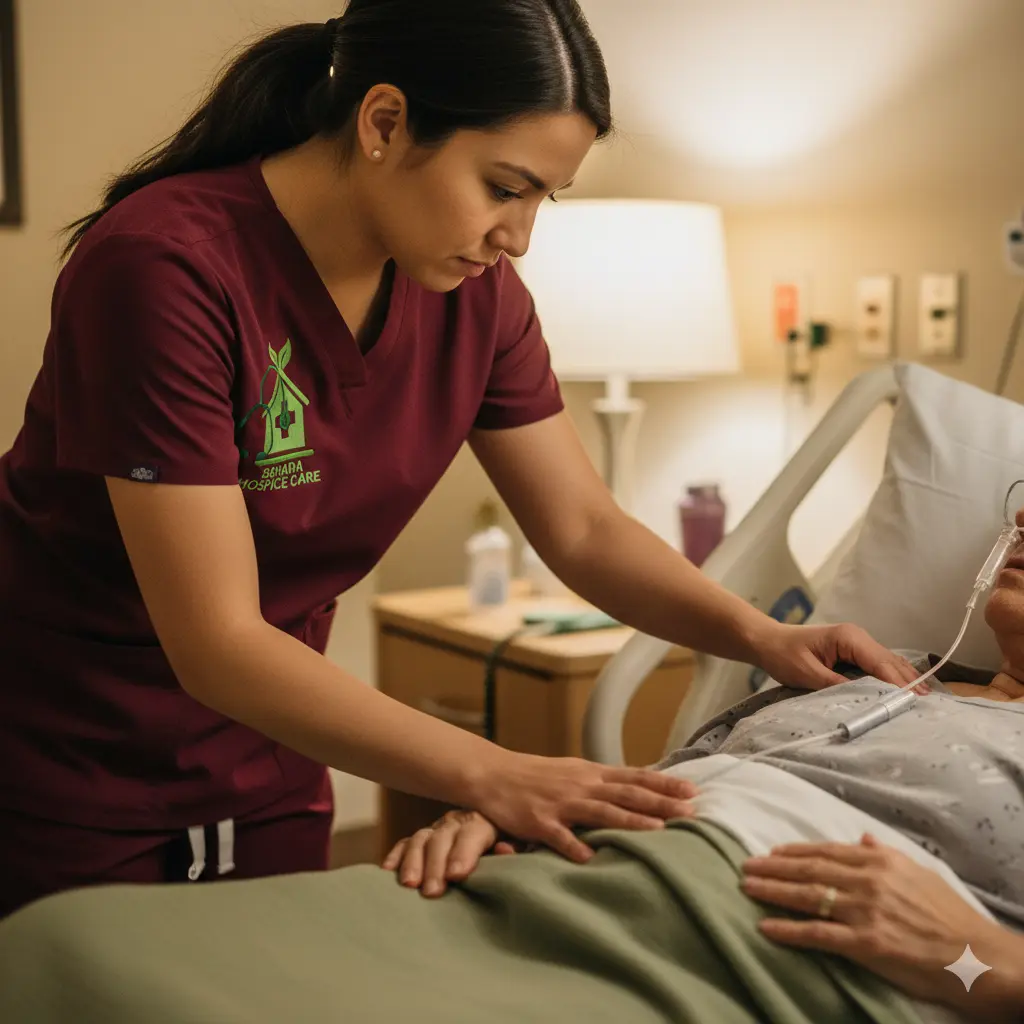 Nurse checks comfort plan during in patient hospice stay.