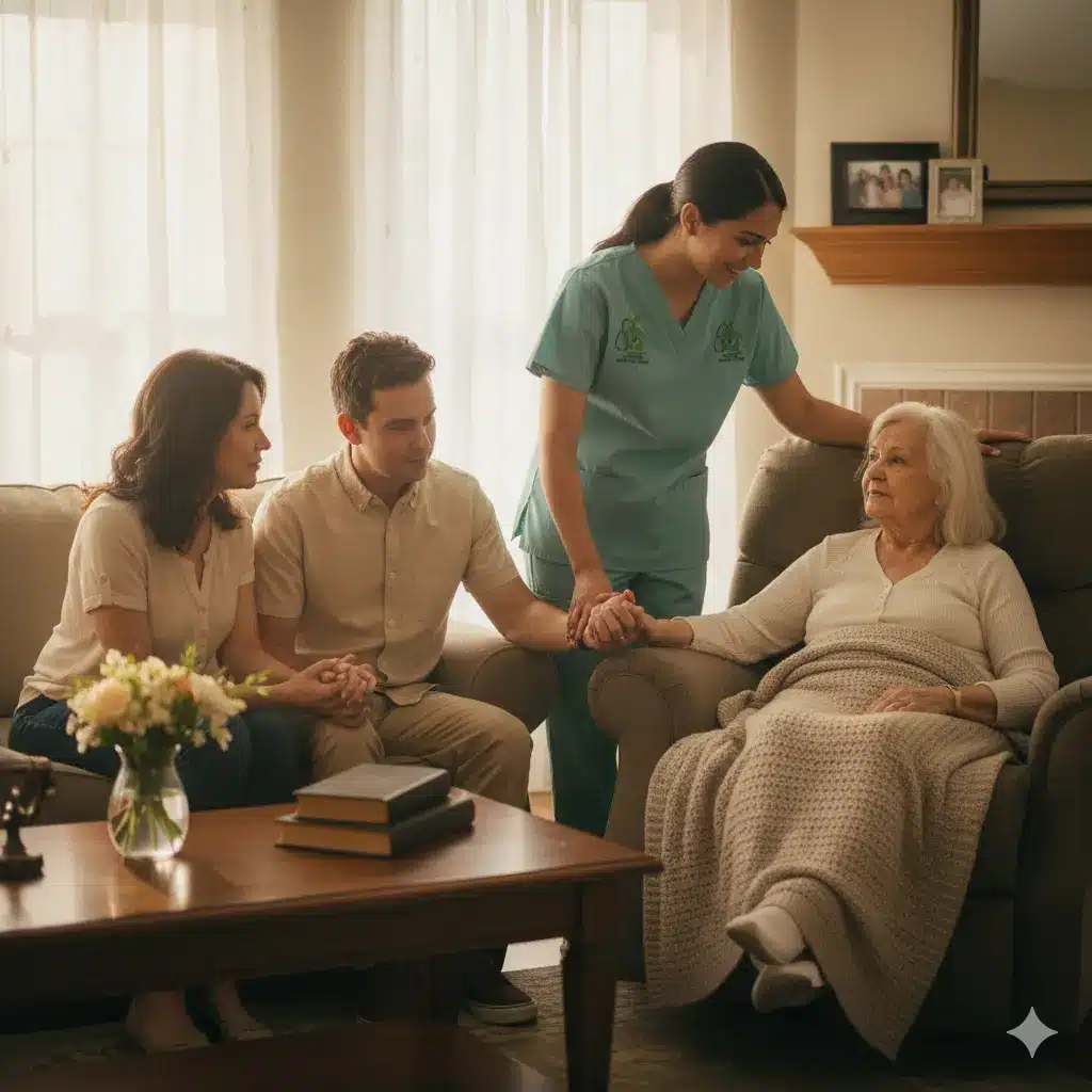 Peaceful home hospice moment with family and nurse.