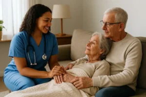 A smiling hospice nurse in blue scrubs holding the hands of an elderly woman on a couch, with an elderly man sitting beside her in a home setting.