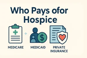 Infographic showing four common payers of hospice care: Medicare, Medicaid, Private Insurance, and Veterans Affairs, with icons for each on a soft beige background.