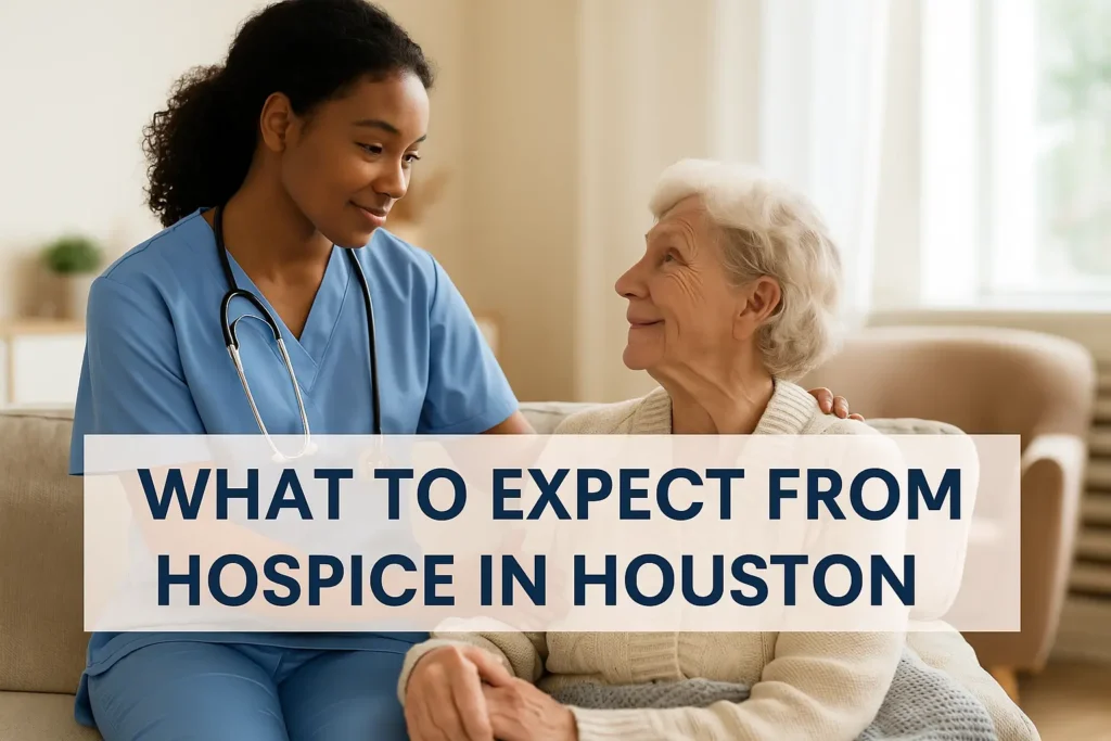Hospice nurse in blue scrubs gently caring for an elderly woman at home in Houston, illustrating what to expect from hospice Houston services.