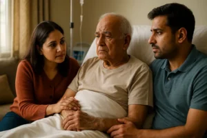 Elderly patient at home with family providing support, representing when to consider hospice care.