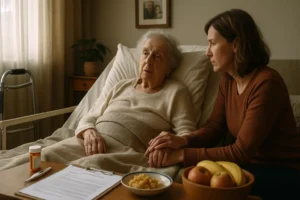 Elderly dementia patient receiving in-home hospice care, supported by adult daughter in a warm, softly lit living room.