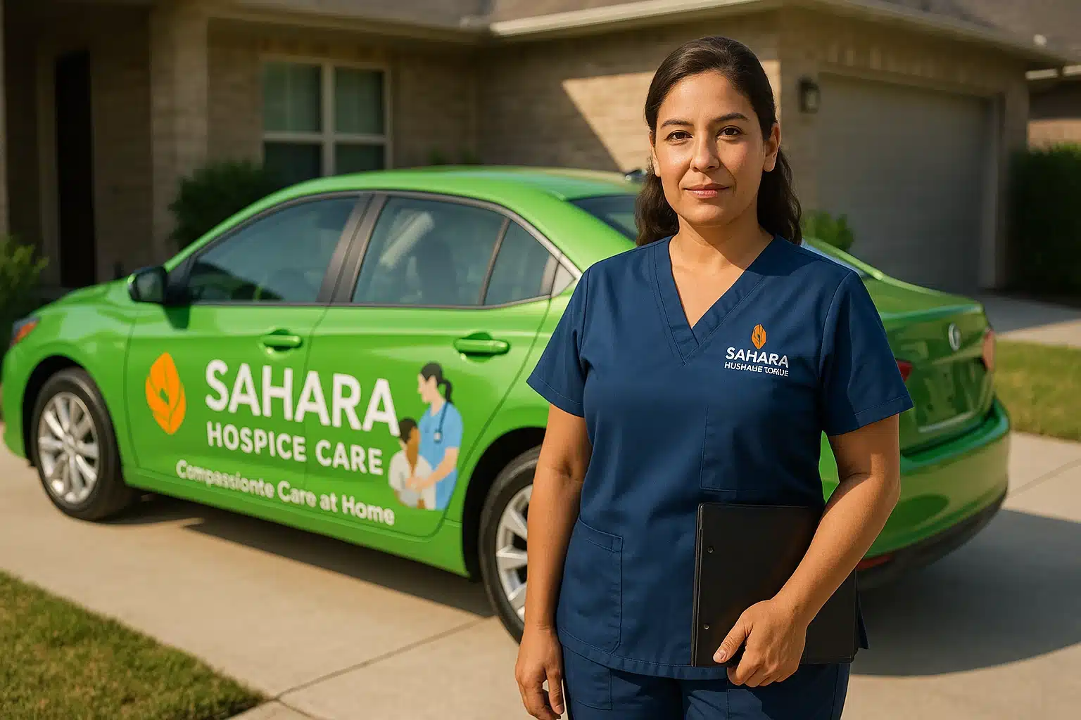Hispanic female hospice nurse in Sahara Hospice Care scrubs standing outside a home in Stafford TX with a branded green vehicle in the background