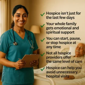 Indian female hospice nurse smiling warmly at the foot of a home hospital bed, caring for an elderly South Asian male patient, with checklist text revealing what hospice does not tell you