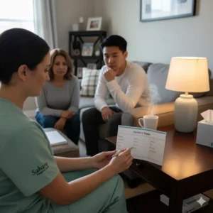 Nurse explains comfort steps to family at home in Sugar Land.