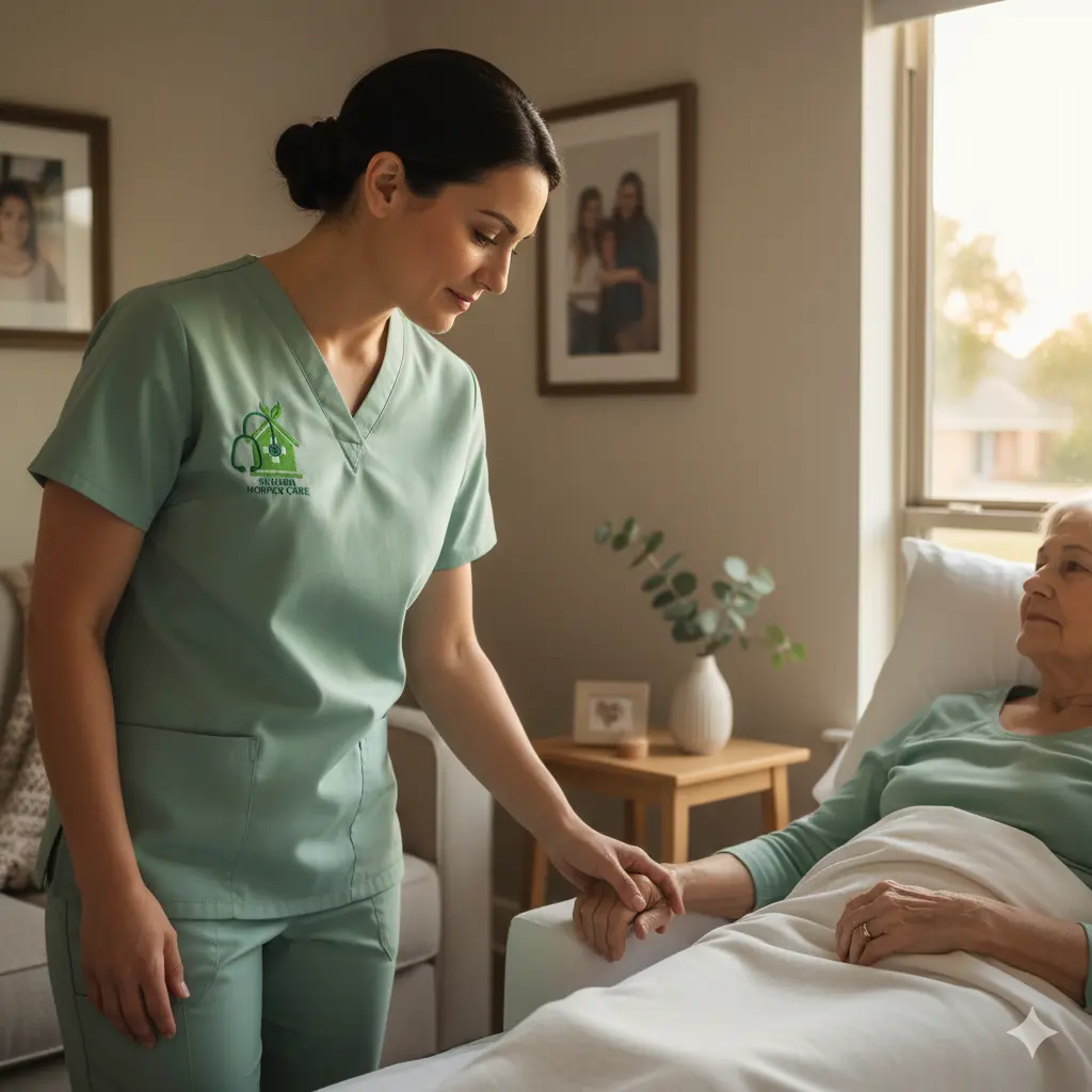 Compassionate hospice nurse beside home bed as family offers hand support.