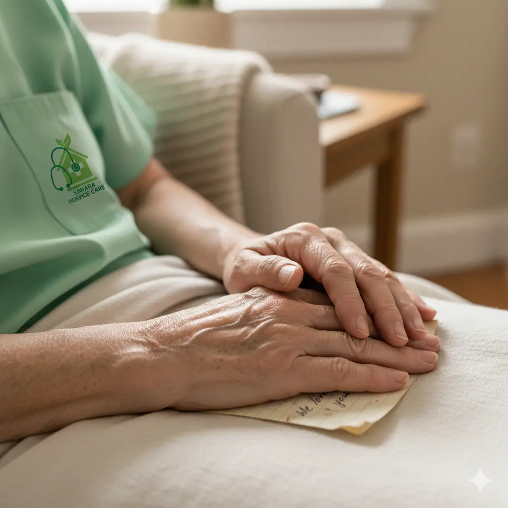 Hospice nurse holds a hand while guiding comfort steps