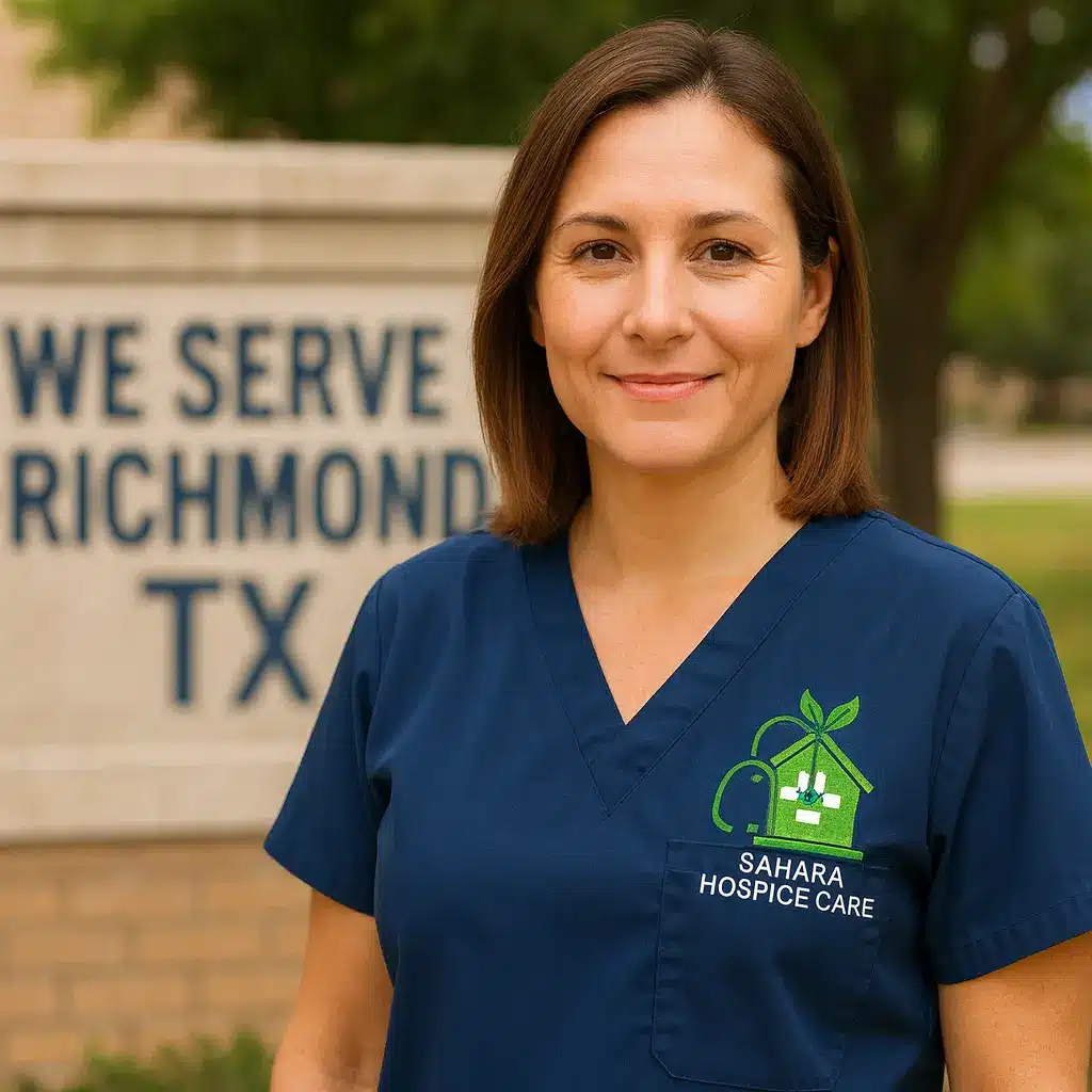Compassionate hospice nurse wearing Sahara Hospice Care scrubs standing in front of a sign that says “We Serve Richmond TX."