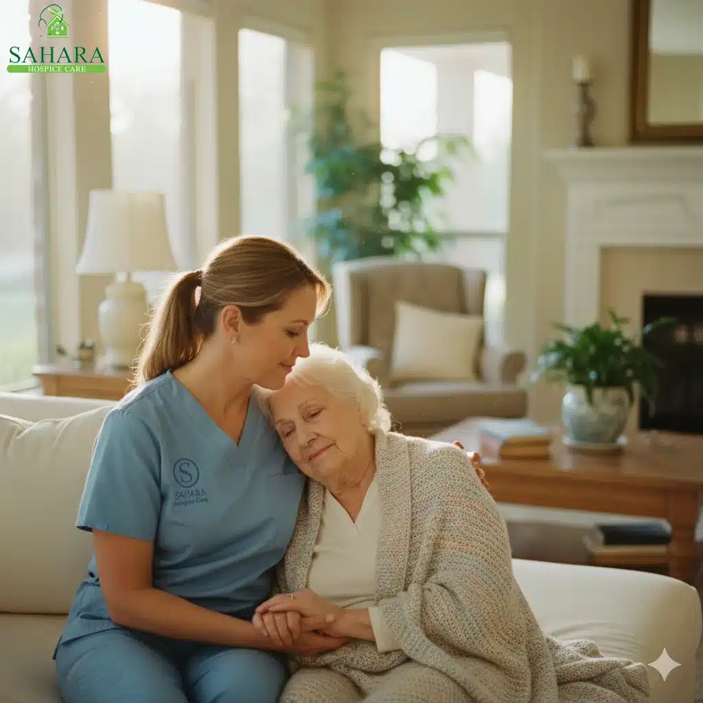 Hospice nurse comforting elderly patient.