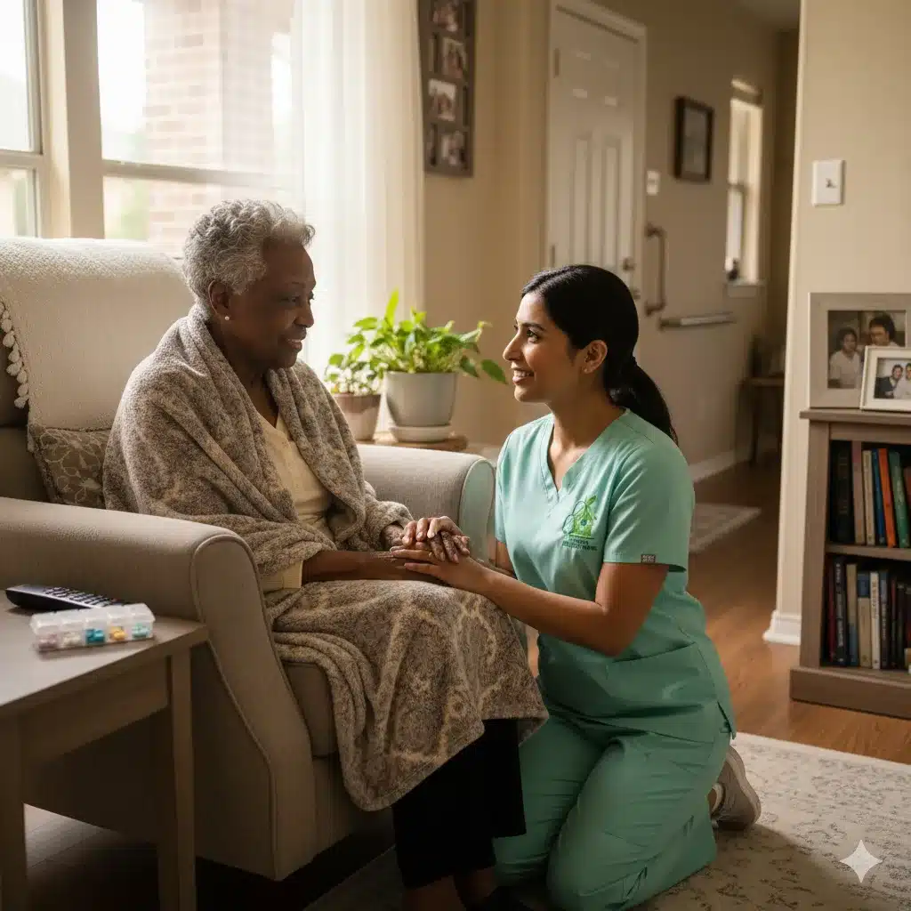Caregiver holding hand of elderly woman in a Sugar Land home