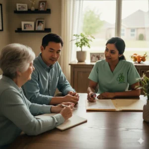 Family and nurse discussing dementia care plan at home