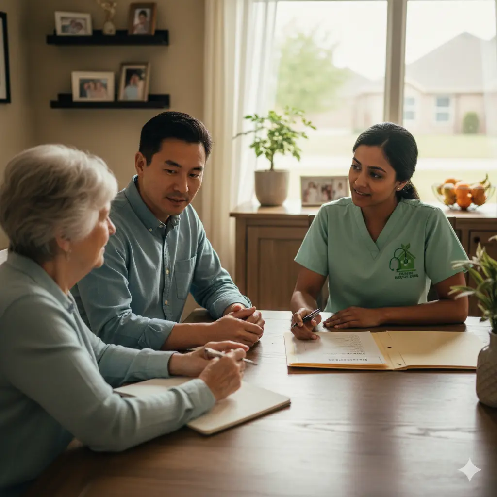 Family and nurse discussing dementia care plan at home