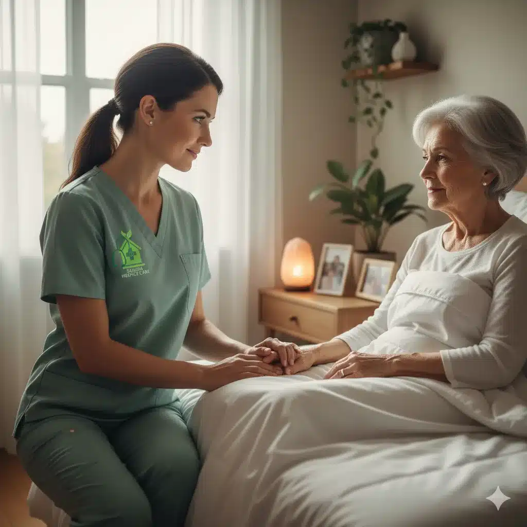 Nurse holding elderly patient's hand with Sahara logo on scrub pocket