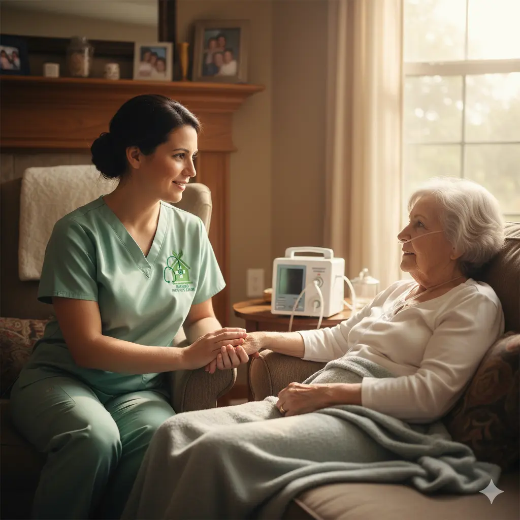 Hospice nurse with Sahara logo providing bedside comfort in a Sugar Land home.