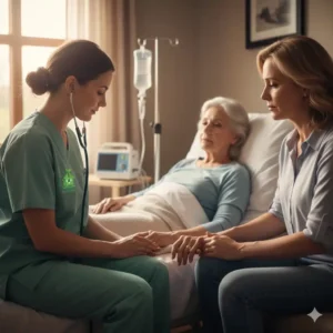 Hospice compassionate care team offering comfort to elderly patient