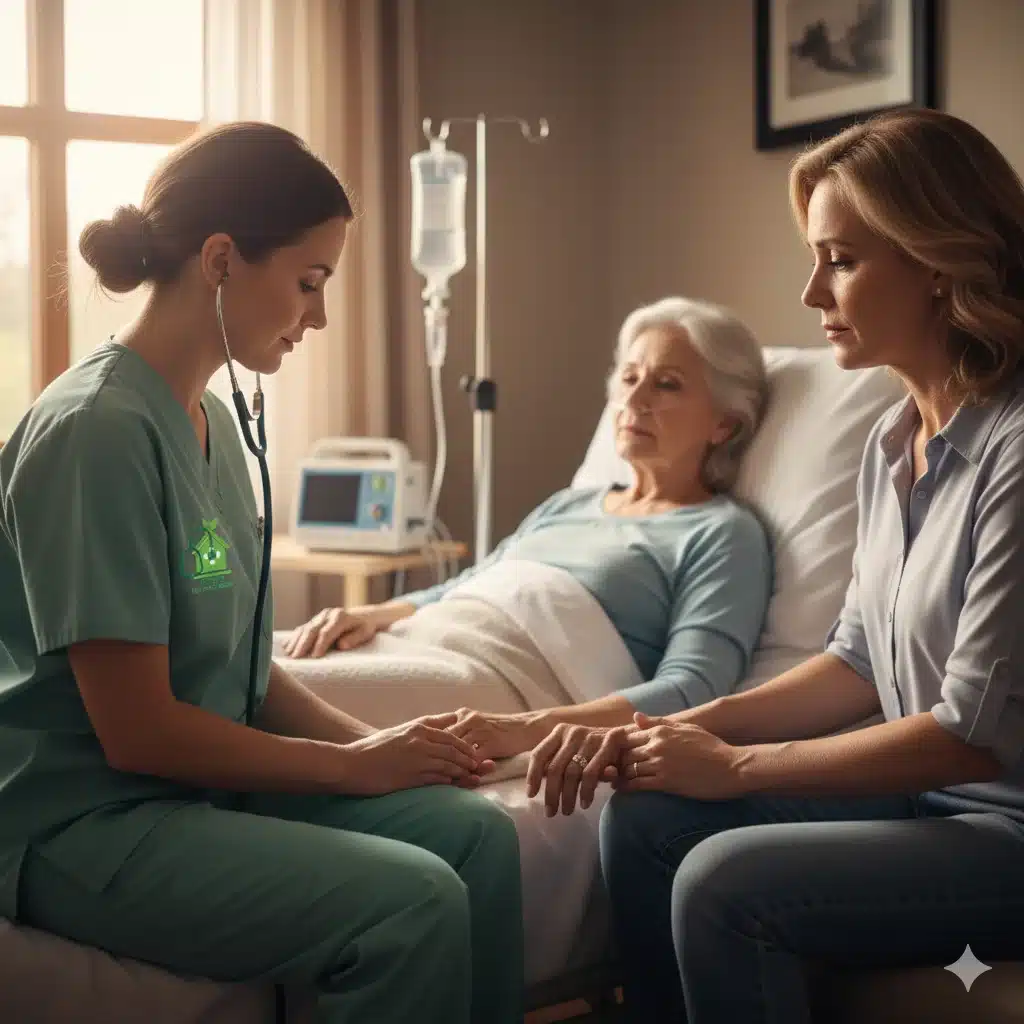 Hospice compassionate care team offering comfort to elderly patient