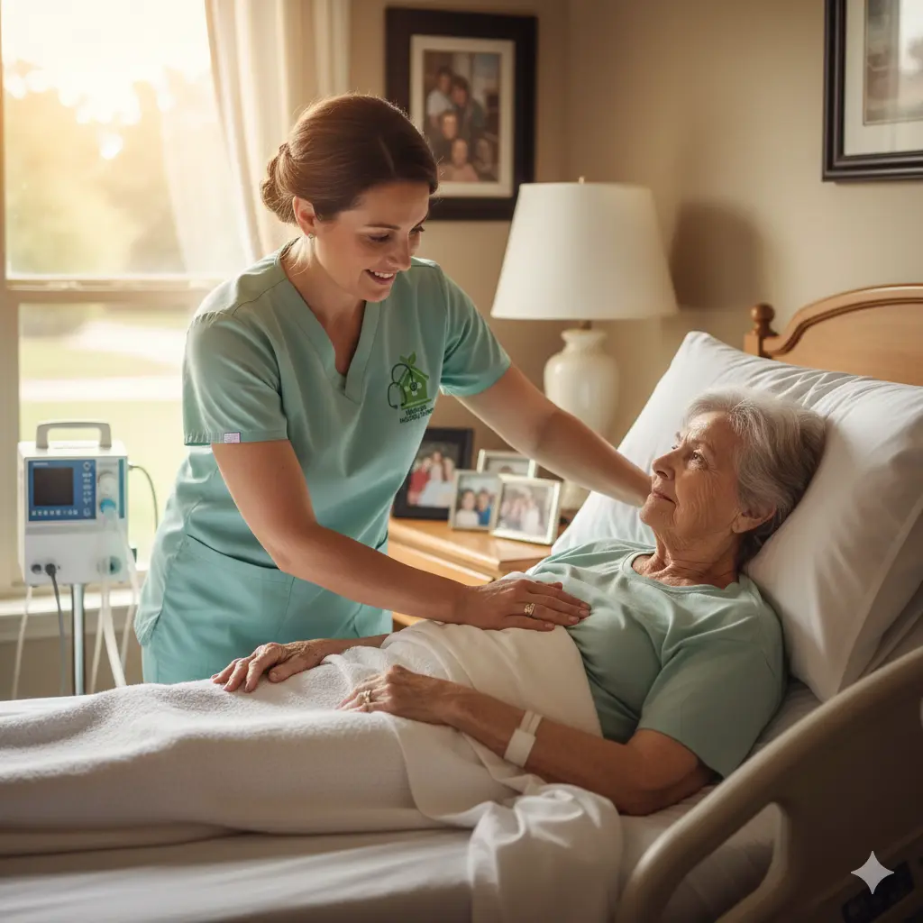 Daytime Comfort Support in Continuous Hospice Care Hospice aide repositioning patient for comfort with Sahara logo on scrub pocket.