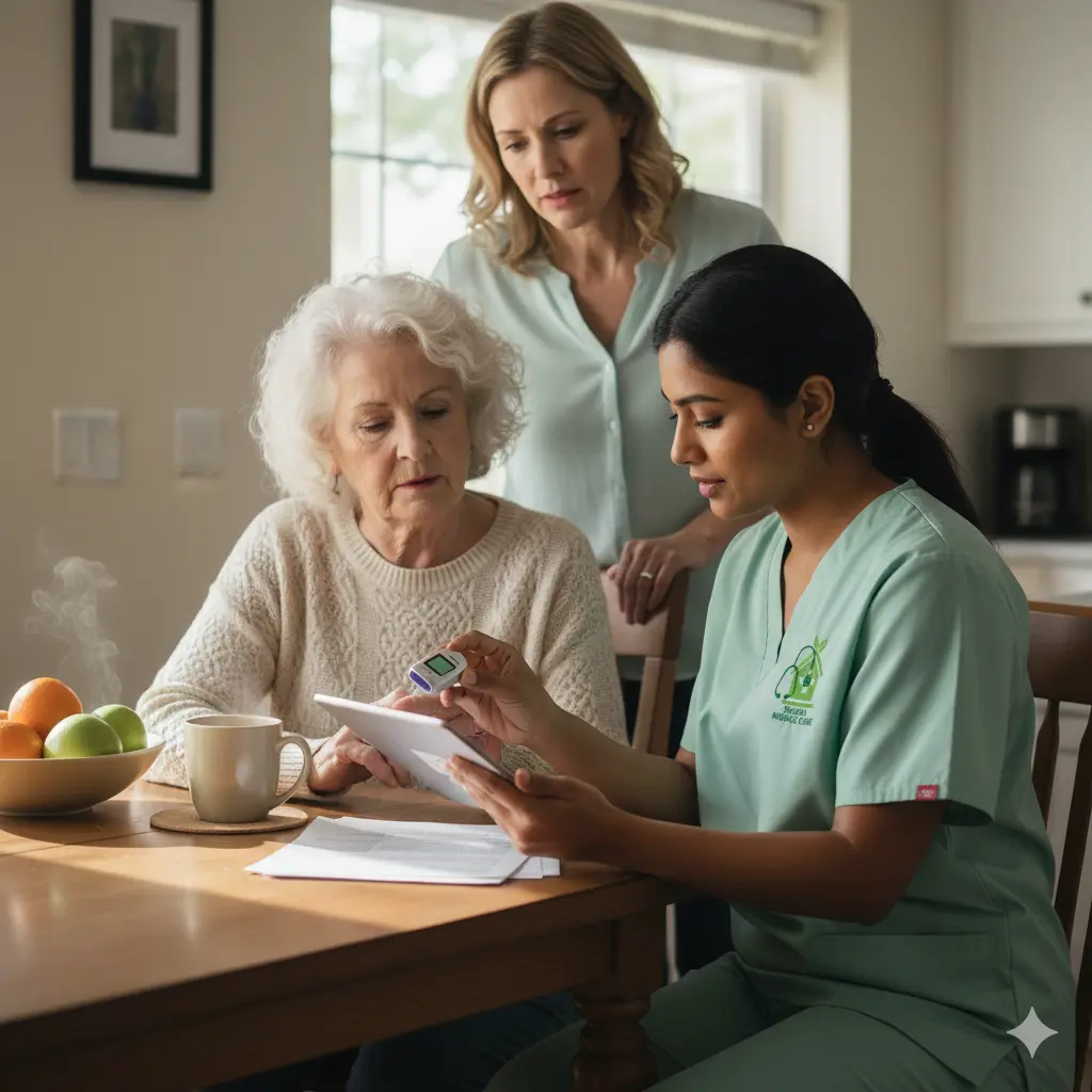 Home nurse assessing a senior patient's vitals at kitchen table