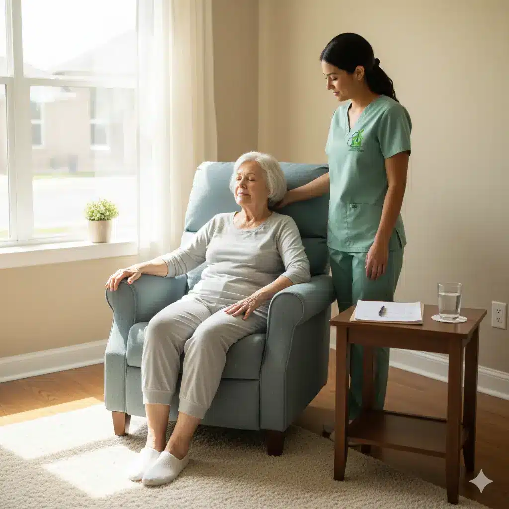 Senior receiving supportive respite care from hospice nurse.