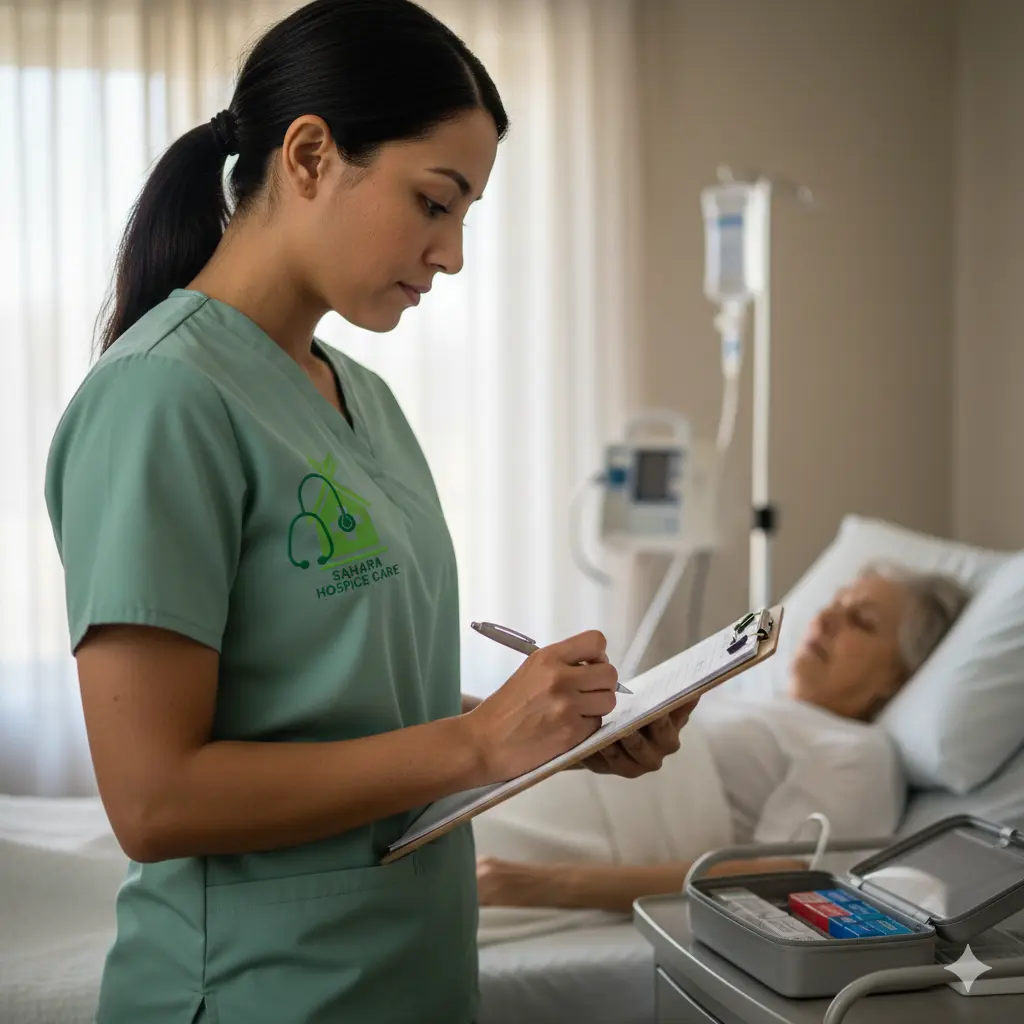 Nurse reviewing medications and vitals during residential hospice care.