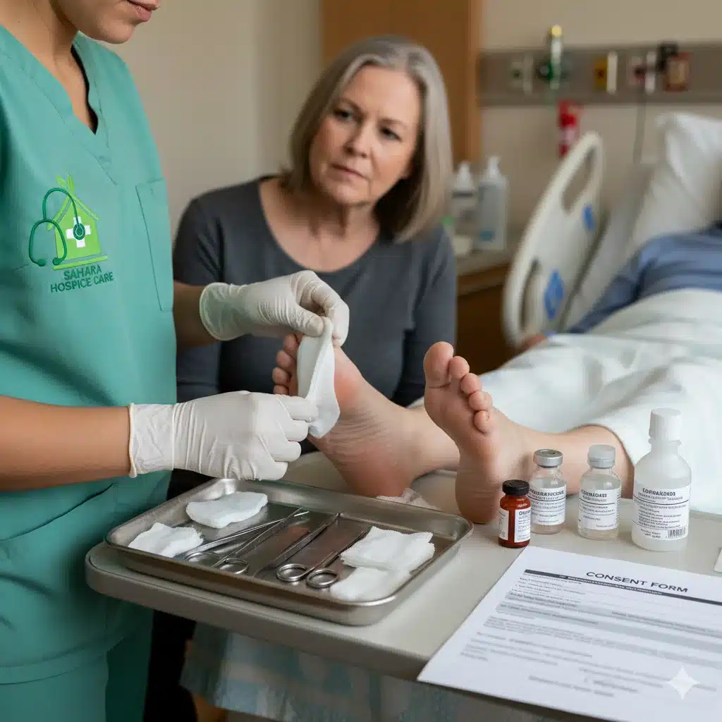 Nurse performing inpatient wound care with Sahara logo on scrub pocket