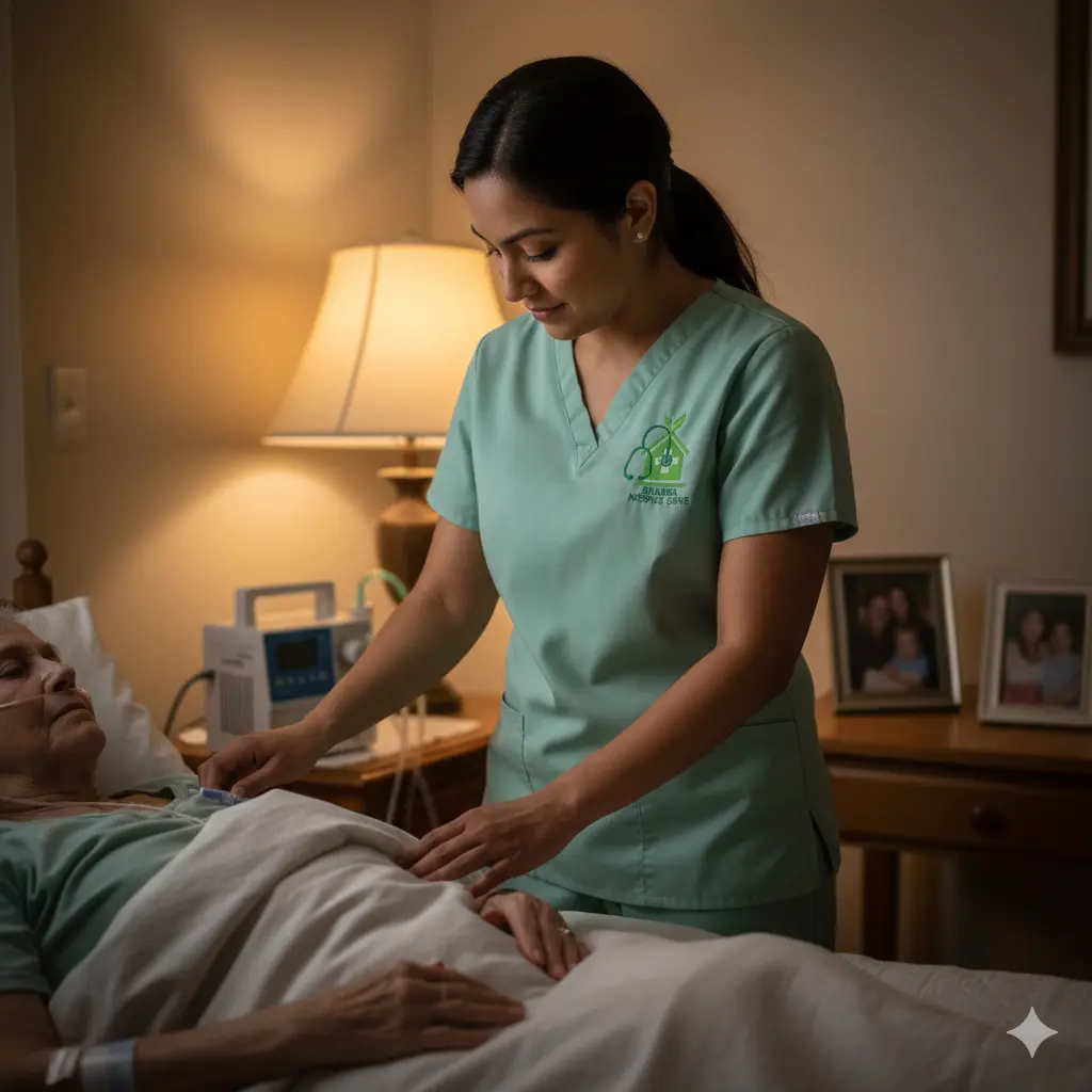 Hospice nurse providing nighttime residential hospice care at home.