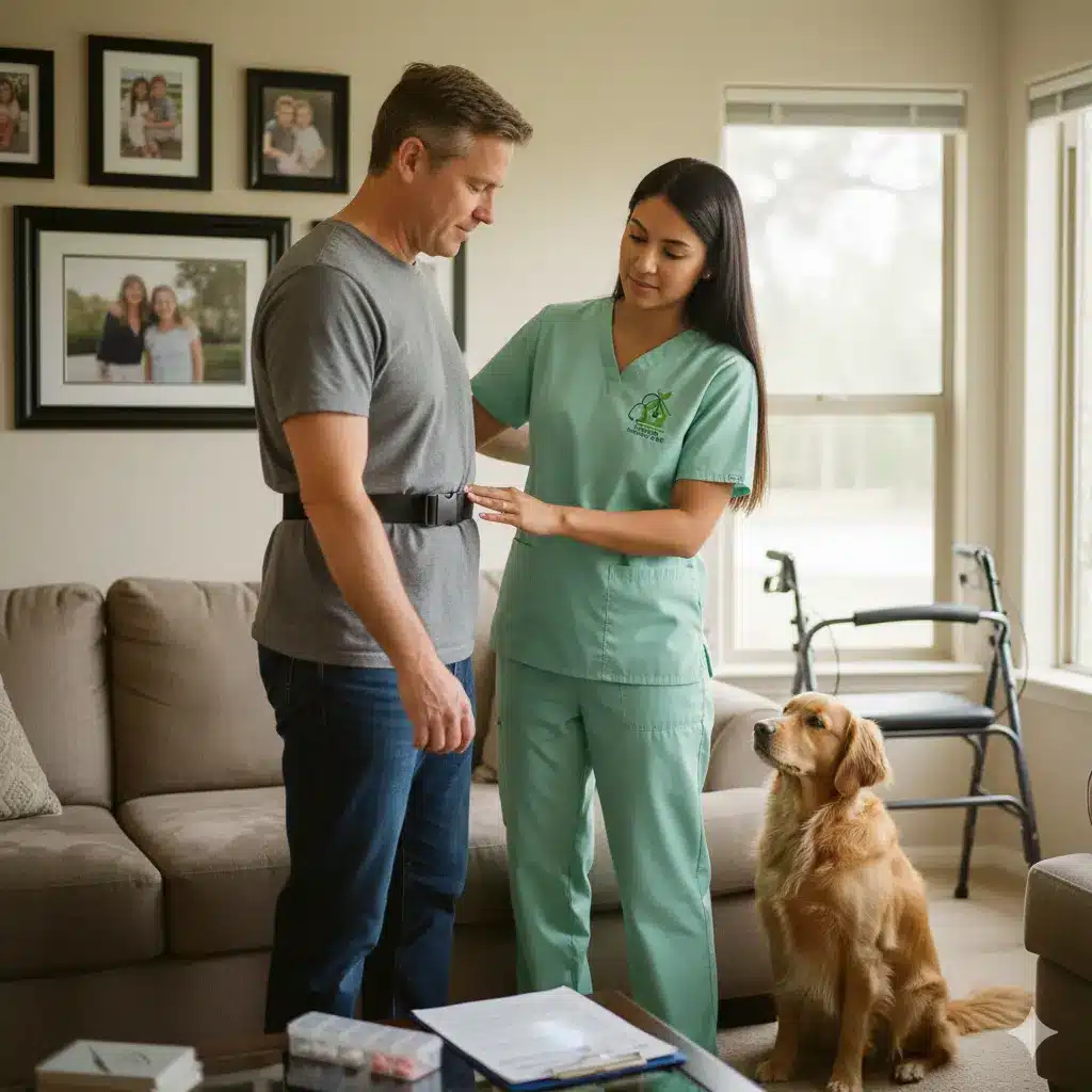 Caregiver receiving training from hospice clinician in living room