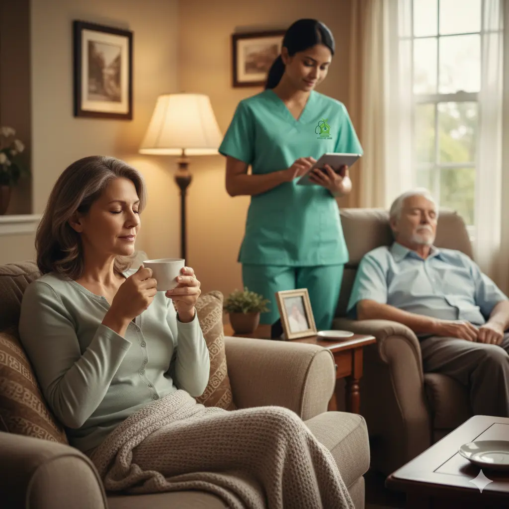 Respite Support for Family Caregivers Nurse providing in-home respite support while caregiver rests.