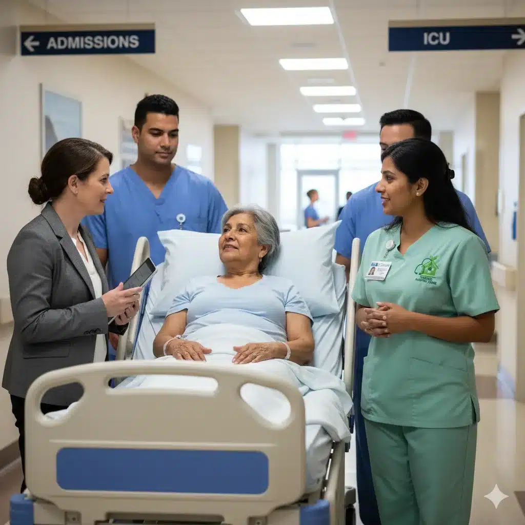 Patient transfer and care coordination with Sahara staff in hospital corridor. 
