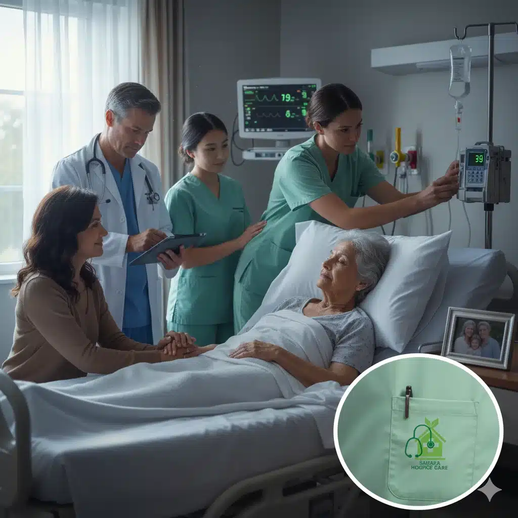 Nurse and physician with elderly inpatient in private room, Sahara logo on light green scrub pocket.