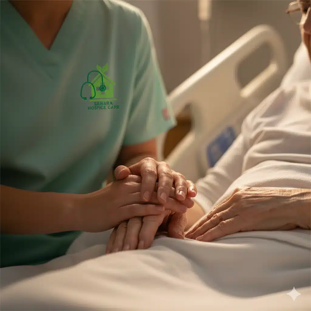 Compassionate Hospice Comfort Care Nurse providing compassionate hospice comfort, holding patient’s hand bedside