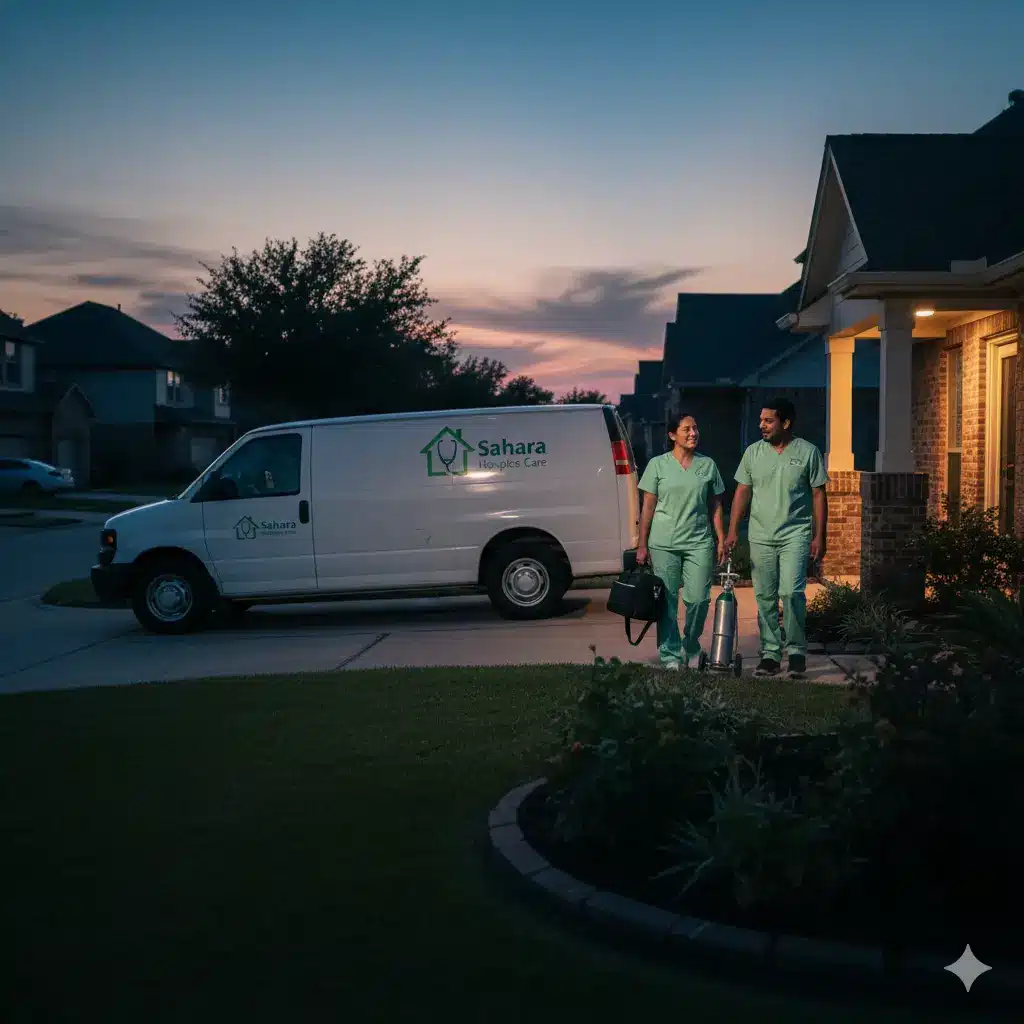 Sahara Hospice van parked outside suburban home at dusk