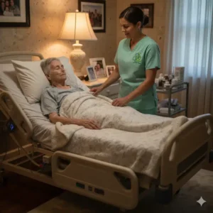Nurse providing 24 hour hospice care at bedside with Sahara Hospice logo on scrub pocket.