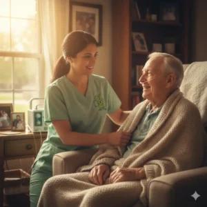 Sahara Hospice nurse assisting elderly patient at home in Sugar Land, TX