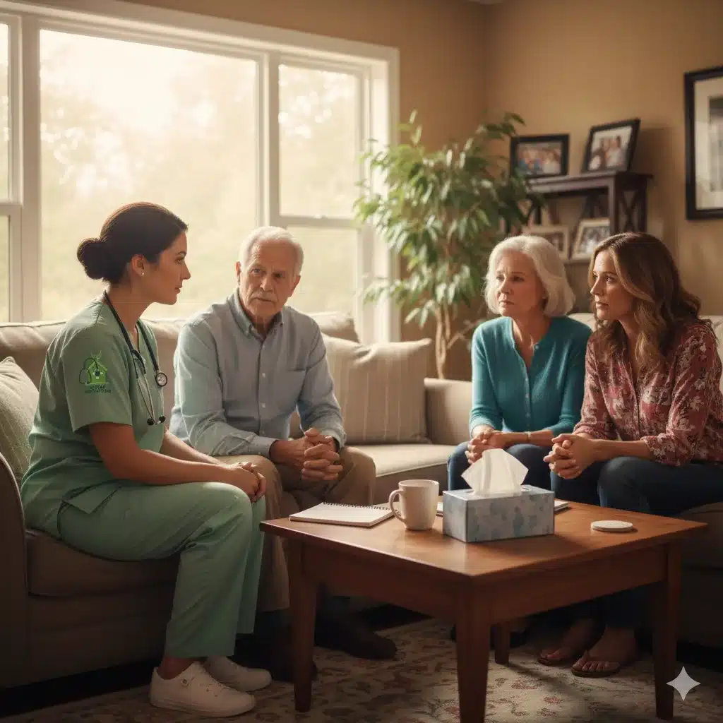 Emotional Support in Hospice Care Family receiving emotional support from compassionate hospice counselor