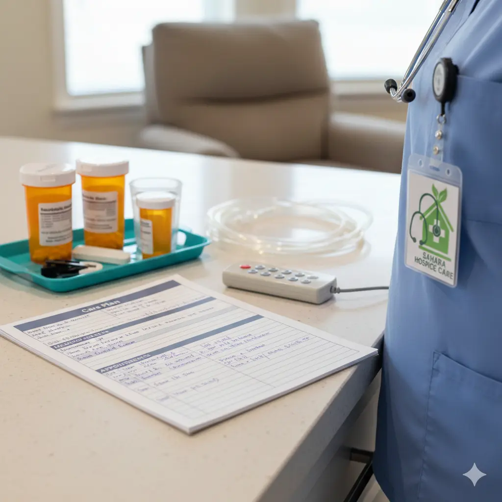 Medications and equipment coordinated by hospice team.