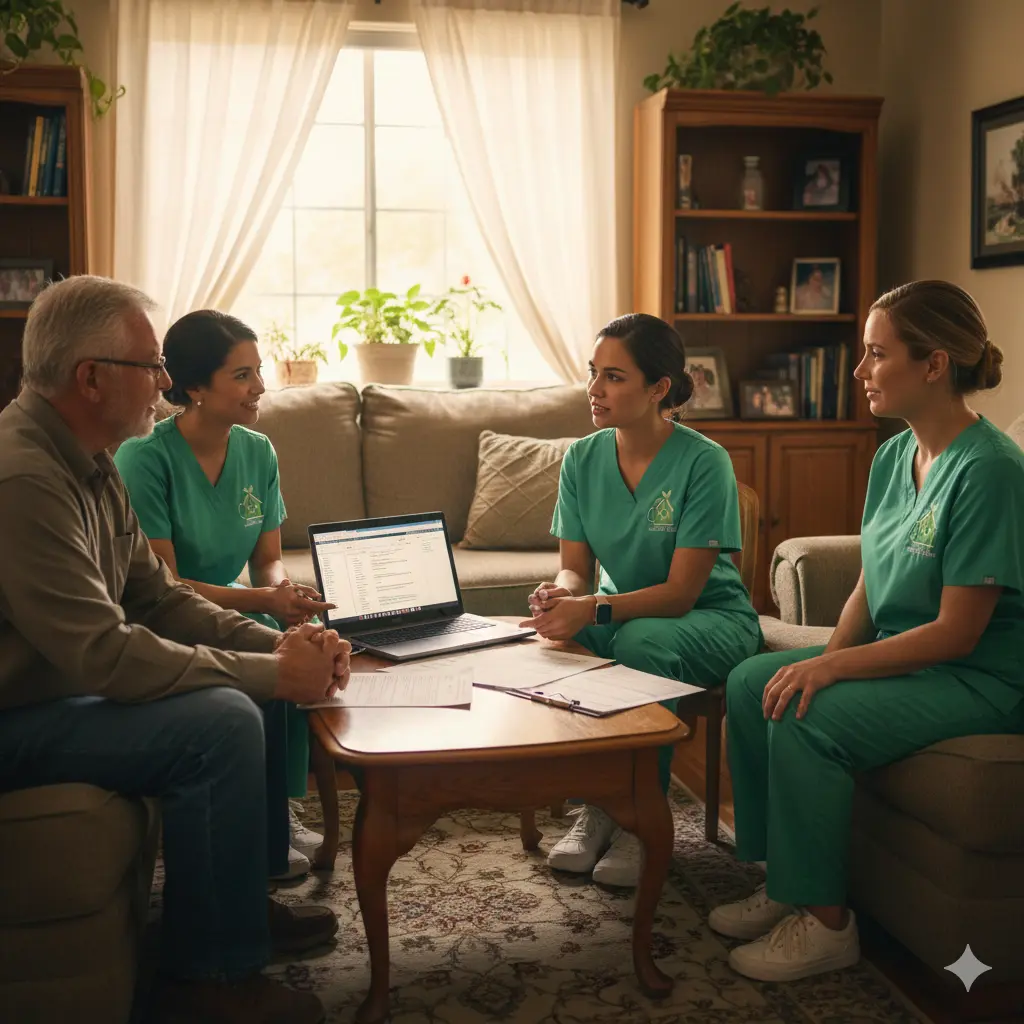 Hospice team meeting with family to discuss residential care plan.