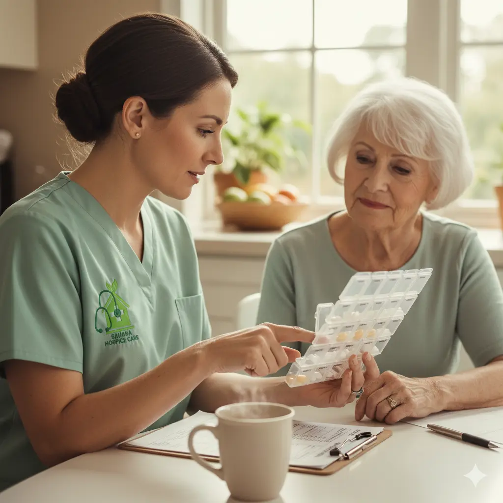 Nurse assisting older woman with medication at kitchen table