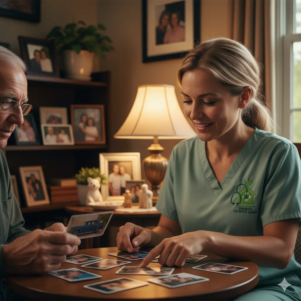 Caregiver leading memory activity with older man