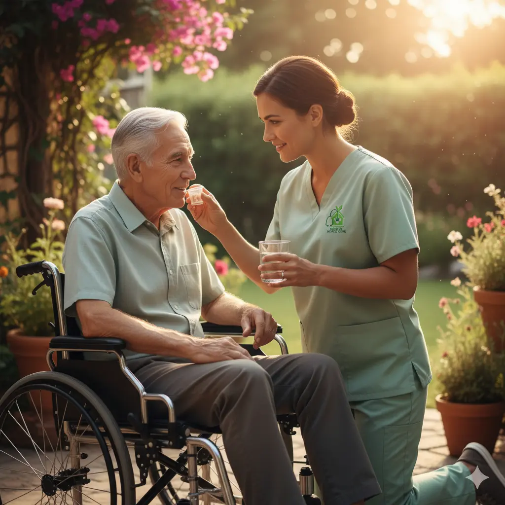 Nurse assisting elderly man during hospice respite care in Houston