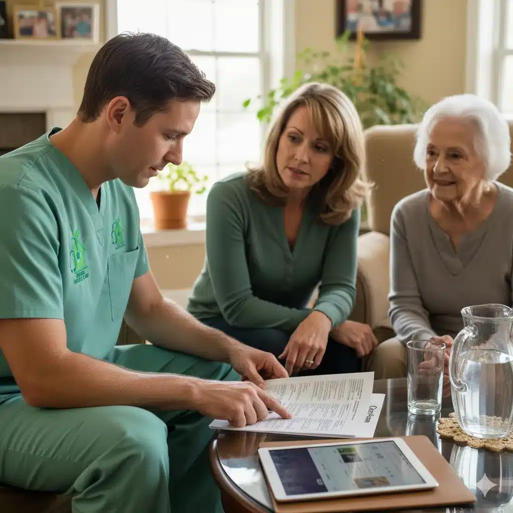 Nurse reviewing care plan with family in home setting 